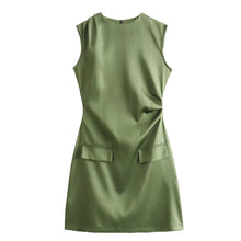 Load image into Gallery viewer, Women Clothing French Casual round Neck Pleated Satin Slim Sleeveless Dress
