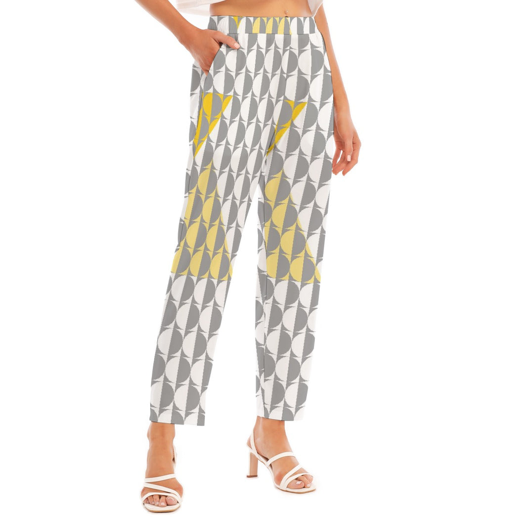 All-Over Print Women's Loose Straight-leg Pants, white, gray, and yellow print