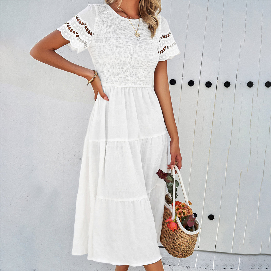 Women Clothing Spring Summer Solid Color Smocking Hollow Out Cutout Dress