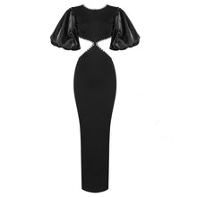 Load image into Gallery viewer, Round Neck Puff Sleeve Beaded Hollow Out Cutout Bow Dress Sexy Backless Bandage One Piece Dress
