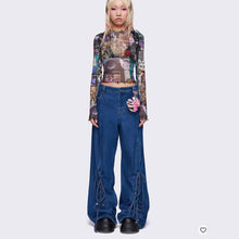 Load image into Gallery viewer, Retro Leg Lace up Decoration Loose Idle Wide Leg Straight Denim Trousers Women
