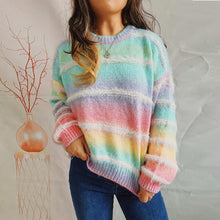 Load image into Gallery viewer, Autumn Winter Loose Gradient Color Striped Imitation Marten Knitted Round Neck Long Sleeve Pullover Sweater for Women
