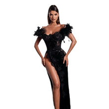 Load image into Gallery viewer, Summer Women Lace Black Camisole Feather Evening Party Dress Split Dress
