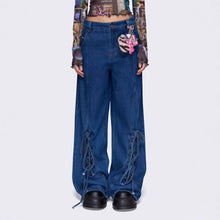 Load image into Gallery viewer, Retro Leg Lace up Decoration Loose Idle Wide Leg Straight Denim Trousers Women
