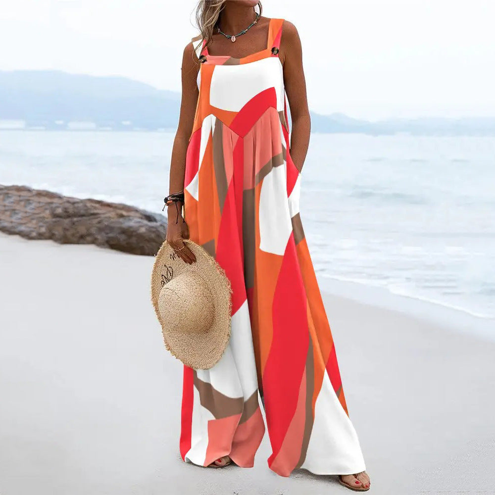 Summer Printed Sleeveless Loose Casual Sling Wide Leg for Women Jumpsuit