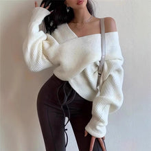 Load image into Gallery viewer, Autumn Winter Cross Irregular Asymmetric Design off Shoulder Loose Fitting Sweater
