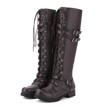 Load image into Gallery viewer, Leather Boots round Toe Belt Buckle Flat Long Boots Women Autumn Winter Rivets Lace up Tall Knight Boots
