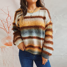 Load image into Gallery viewer, Autumn Winter Loose Gradient Color Striped Imitation Marten Knitted Round Neck Long Sleeve Pullover Sweater for Women
