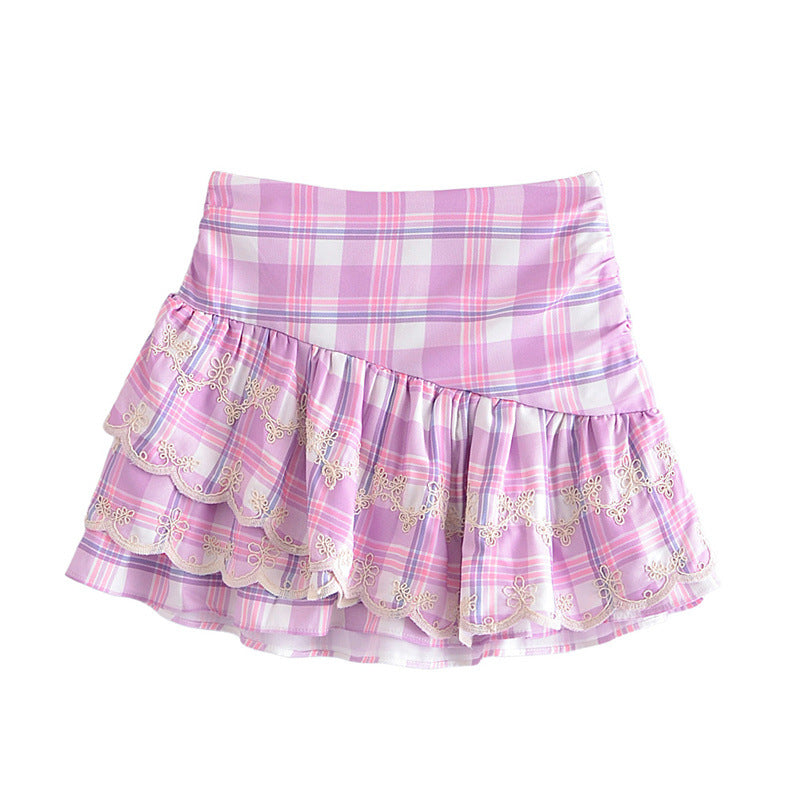 Women Clothing Spring Towel Embroidery Plaid Pleated Lotus Leaf Skirt