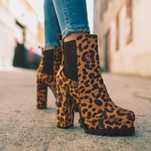 Load image into Gallery viewer, Round Head Leopard Print Chunky Heel Short Knight Boots Women High Heel Elastic Band Sleeve Suede Boots
