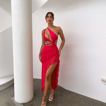 Load image into Gallery viewer, Women Clothing Sexy Oblique Shoulder Irregular Asymmetric Ruffled Split Waist Hollow Out Cutout out Little Red Dress French
