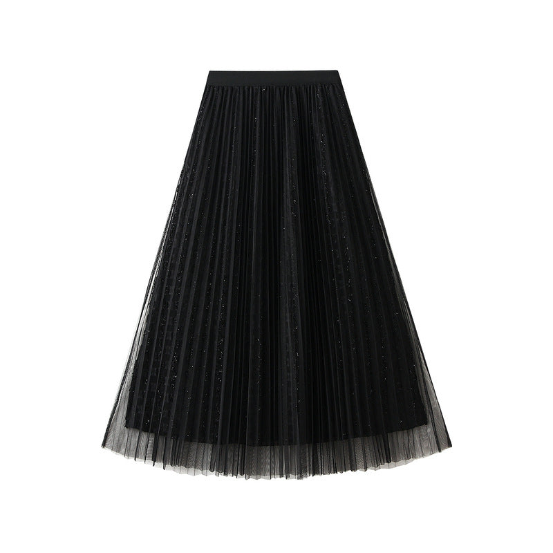 Pleated Bright Yarn Mesh Skirt for Women Spring High Waist Slimming Mid Length Large Swing Cover Yarn Skirt