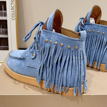 Load image into Gallery viewer, Fringe Studded Round Toe Canvas Boots
