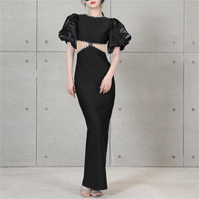 Load image into Gallery viewer, Round Neck Puff Sleeve Beaded Hollow Out Cutout Bow Dress Sexy Backless Bandage One Piece Dress
