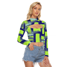 Load image into Gallery viewer, All-Over Print Women&#39;s Hollow Chest Keyhole Tight Crop   Top SS6 green, and blue print
