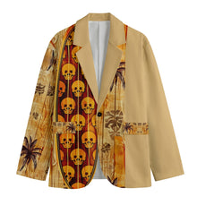 Load image into Gallery viewer, All-Over Print Men&#39;s Casual Flat Lapel Collar Blazer | 245GSM Cotton tan skull/surfboard print
