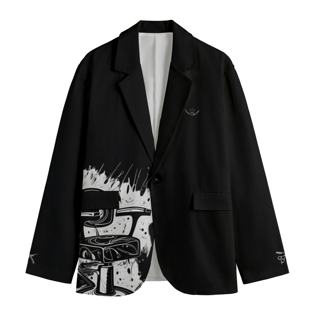 All-Over Print Men's Casual Flat Lapel Collar Blazer | barber in black, print 54 245GSM Cotton