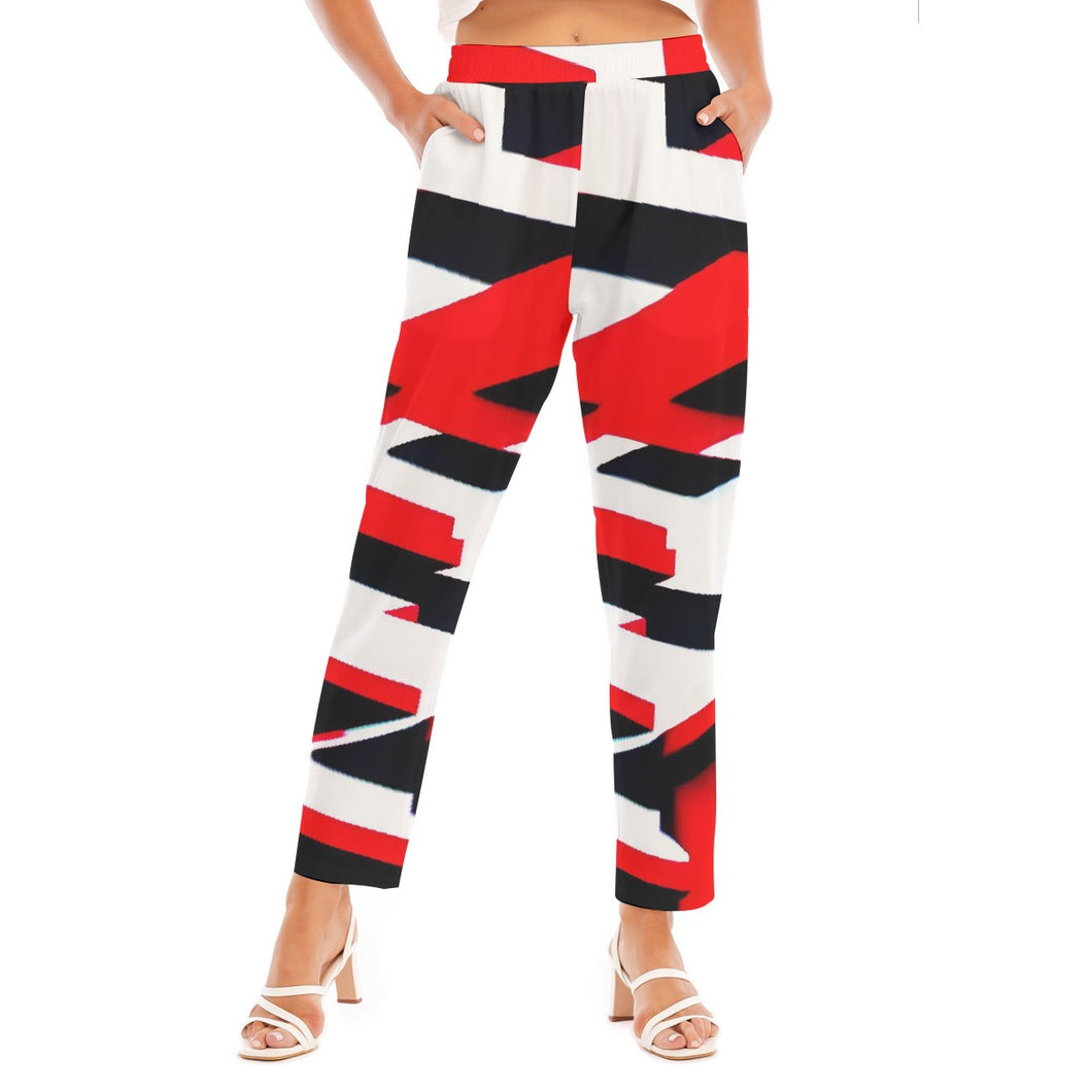 All-Over Print Women's Loose Straight-leg Pants SS4 red black and white print