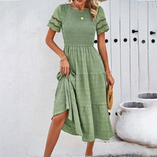 Load image into Gallery viewer, Women Clothing Spring Summer Solid Color Smocking Hollow Out Cutout Dress
